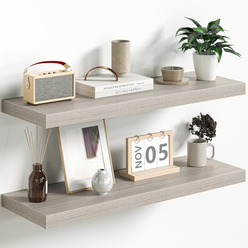 Fun Memories Floating Shelves - 2 Pack 12 Inch Rustic Wooden Wall Shelves - Extra Deeper & Thicker Wall Mounted Storage Shelf for Living Room, Kitchen, Farmhouse - 36" W x 12" D x 1.8" H - Grey - color: Grey, size: 36"L x 12"D