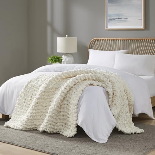 Madison Park Chenille Chunky Knit All Season Throw Blanket, 50 x 60, Ivory - color: Ivory