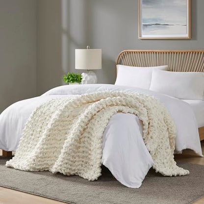 Madison Park Chenille Chunky Knit All Season Throw Blanket, 50 x 60, Ivory - color: Ivory