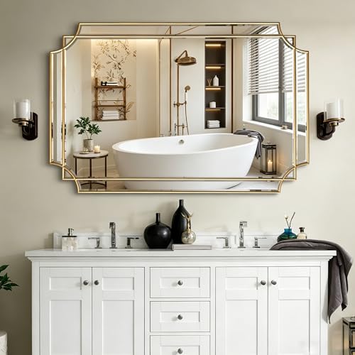 48"x32" Large Rectangle Beveled Mirror with Gold Geometric Frame - color: Gold, size: 48"L x 31.6"W