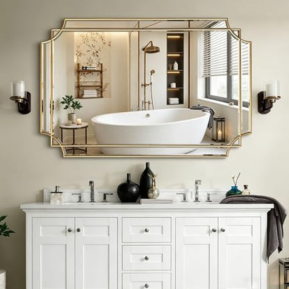 48"x32" Large Rectangle Beveled Mirror with Gold Geometric Frame - color: Gold, size: 48"L x 31.6"W
