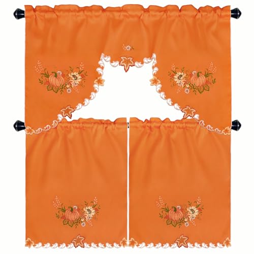 Simhomsen Embroidered Rod Pocket Fall Autumn Harvest Pumpkins Kitchen Window Curtain Swag and Tiers Set for Thanksgiving (Orange Pumpkins) - color: Orange Pumpkins