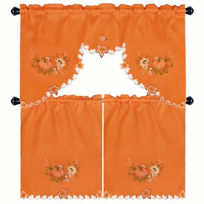 Simhomsen Embroidered Rod Pocket Fall Autumn Harvest Pumpkins Kitchen Window Curtain Swag and Tiers Set for Thanksgiving (Orange Pumpkins) - color: Orange Pumpkins