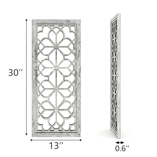 Set of 2 13x30 Inch Large Grey Shatterproof Carved Floral Wood Frame Wall Mirrors, Boho Farmhouse Rustic Accent Mirrors for Living Room Bedroom Bathroom & Home Decor - color: Grey（2pcs）, size: 13"L x 30"W