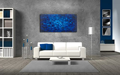 MyArton Large Abstract Dark Blue Square Canvas Wall Art Hand Painted Textured Oil Painting on Canvas Ready To Hang Artwork 56x28inch - color: Blue, size: 56"L x 28"W