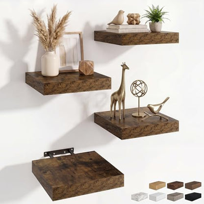 RICHFOCUS 8Inch Square Floating Shelves for Wall 4Pack|Rustic Brown - color: Rustic Brown, size: 8"L x 8"D, Set of 4