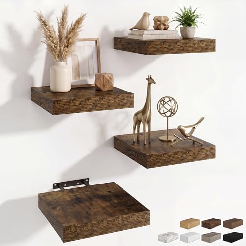 RICHFOCUS 8Inch Square Floating Shelves for Wall 4Pack|Rustic Brown - color: Rustic Brown, size: 8"L x 8"D, Set of 4