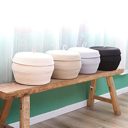 Sea Team Round Woven Cotton Rope Storage Basket with Lid, Cream - color: Cream, size: Large