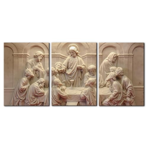 3 Pieces Canvas Wall Art Picture The Last Supper Sculpture Style Paintings on Canvas 12 Apostles Modern Artwork for Home Decor Framed Gallery-wrapped Stretched Ready to Hang - 20"x28"x3 Panels - color: Wallart-09, size: 20" x 28" x 3 Panels