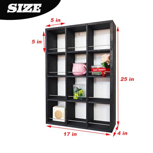 12 Grid coffee mug display shelf, 17x25" Wooden cup shelf for wall, Black - color: Black