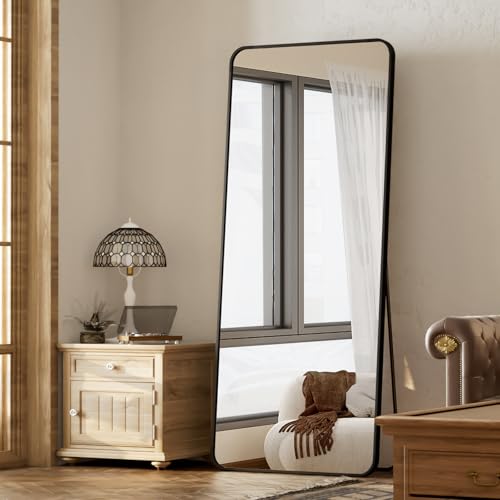 BEAUTYPEAK 65" x 24" Rounded Corner Full Length Mirror with Stand, Black - color: Black, size: 65"L x 24"W