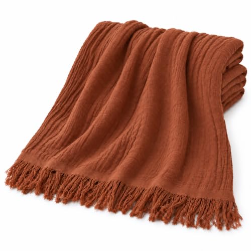 Cotton Muslin Throw Blanket with Tassels, 50 x 60 Inches, Lightweight Breathable Pre-Washed Gauze Blanket for Couch and Bed, All-Season Farmhouse Throw, Rust - color: Rust, size: 50" x 60"