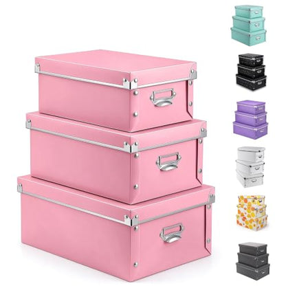 XUCHUN File Storage Boxes, Foldable Storage Bins with Lid 3 in 1 Set, Press-Stud Fastening, Moisture-Proof, Space Saving Storage, Photoes, Files, Closets - color: Pink