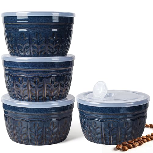 Artena Meal Prep Containers 22 OZ, 4 Pack Snack Containers, Reusable Food Storage Containers With Lids For Soup Yogurt Oatmeal Lunch Breakfast, Ceramic Cereal Bowls (Blue, Wheat Leaf) - size: 5.15 inch (Wheat Leaf, Blue)