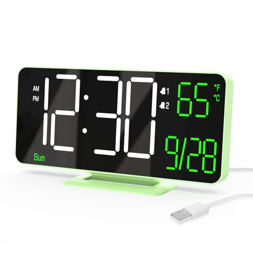 KOSUMOSU Small Digital Clock, 6.7in Alarm Clocks for Bedrooms, Auto Dimming, Room Temperature, Day of The Week, Seconds, Date, Desk Clock for Bedroom, Digital Clocks for Living Room - color: Green (White + Green Digits)
