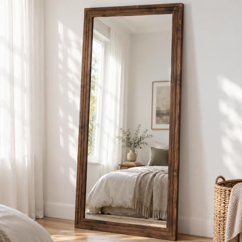 81x41in Full Length Mirror, 3-Tier Stepped Solid Wood Frame, Brown - color: Brown, size: 81"L x 41"W