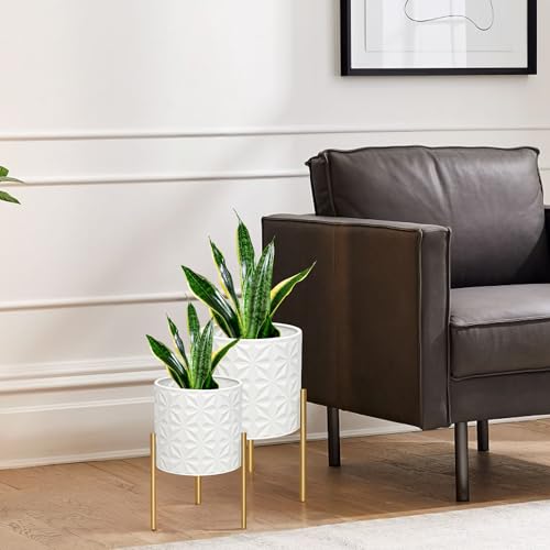 ARNIS Plant Pots with Stand, Set of 2 Indoor Planter Pots, Large Metal Planters with Stand, Mid Century Decorative Flower Pots with Drainage Hole and Gold Plant Stand, 8.25" & 10.5",Matte White - color: Frosted White, size: 8.25 &10.5