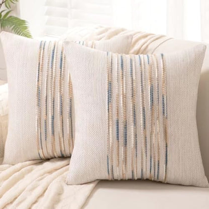 Boho Throw Pillow Covers Decorative Neutral Farmhouse Pillow case - color: Yellow-blue Stripe