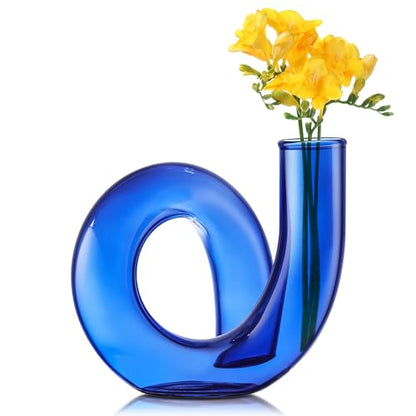 Joeyan Handmade Small Blue Glass Flower Vase,Decorative Geometric Bud Vase - color: Blue