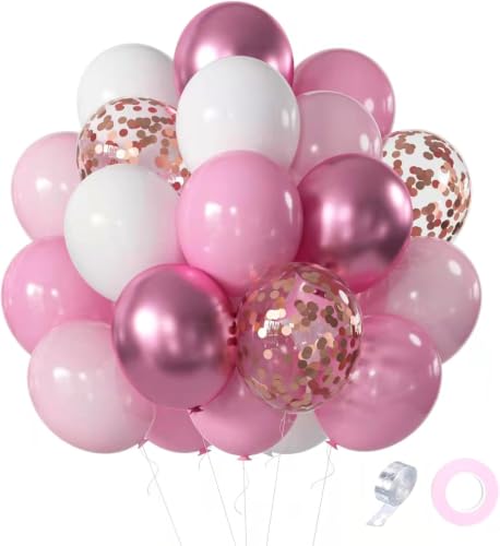 Pink and White Latex Balloons, 60pcs 12 inch Pink White Rose Gold Confetti Balloons Kit, Pink White Chrome Rose Latex Balloons for Birthday, Wedding, Graduation Party Decorations - color: Pink White