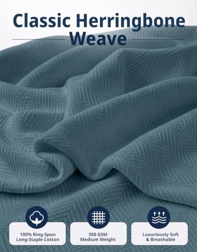 LANE LINEN Cozy Blanket Queen, 100% Cotton Textured Herringbone Weave - color: 07: Teal, size: Queen