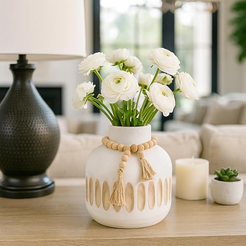 Paulownia Wood Vase with Beaded Tassels for Living Room Decor - Decorative Flower Vase for Bedroom, Office Desk, and Home Display - Casual House Accent for Table Centerpiece - 8", White & Tan - color: White