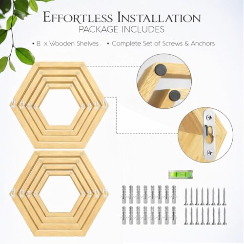 Hexagon Floating Shelves Set of 8 Honeycomb Shelves for Wall, Wooden Hexagon Shelves for Farmhouse Storage (Natural Wood) - color: Natural Wood