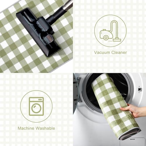 Dunzy 2 Pcs Sage Green Kitchen Mat Farmhouse Plaid Runner Non-Slip Washable - color: Sage Green