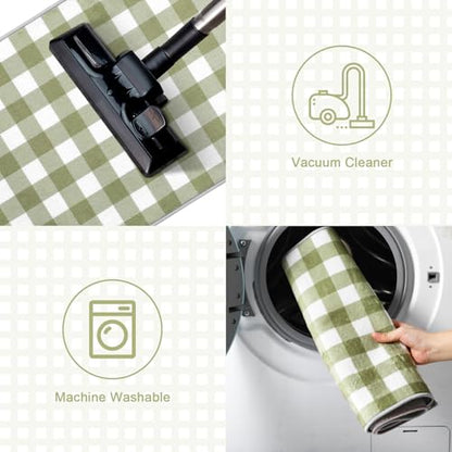 Dunzy 2 Pcs Sage Green Kitchen Mat Farmhouse Plaid Runner Non-Slip Washable - color: Sage Green