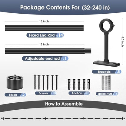 Curtain Rods for Windows, 1 Inch Black Curtain Rod Set, Heavy Duty Drapery Rods with Adjustable Curtain Rods, Outdoor Modern Curtain Rod with Simple End Caps (Black, 30"-240" 2 Pack) - size: 30"-240" 2 Pack