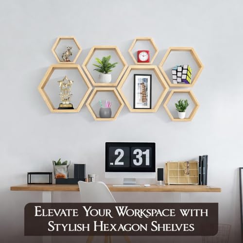 Hexagon Floating Shelves Set of 8 Honeycomb Shelves for Wall, Wooden Hexagon Shelves for Farmhouse Storage (Natural Wood) - color: Natural Wood