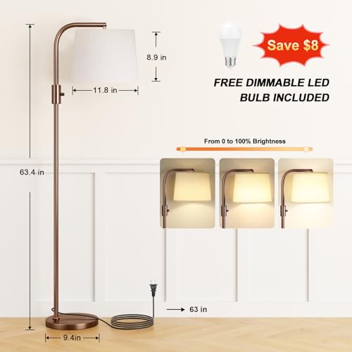 Ambimall Fully Dimmable Floor Lamp with 9W LED Bulb, Standing Lamp for Living Room with Adjustable Head, Modern Tall Light with Rotary Switch for Office, Brown and Beige - color: N:Brown and Light Linen Beige