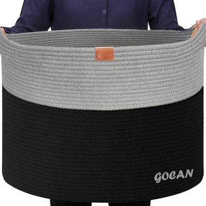 Cotton Rope Woven Laundry Basket 22"X 22"X 14" with handles(Black-Grey)XXXL - color: Black/Gery