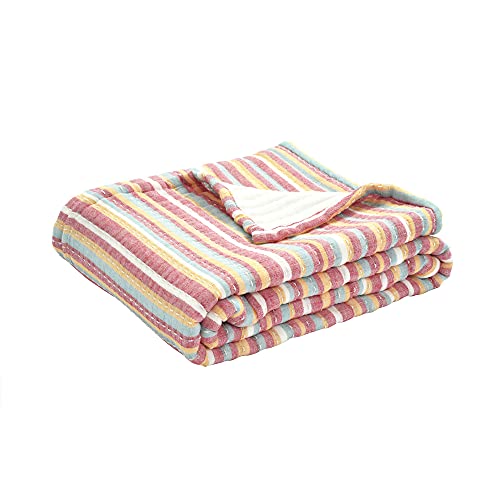 Lush Decor Tracy Stripe Boho Kantha Pick Stitch Cotton Throw Blanket Single 50" W x 60" L Rust & Yellow - Striped Throw Blankets for Bed - Couch Blanket