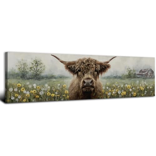 Abstract Dandelion Wall Art Farmhouse Country Highland Cow Picture for Living Room Barn Wildflower Scenery Wall Decor Western Flower Longhorn Cattle Painting Farm Animal Poster Office Decoration 14x48 - color: Highland Cow