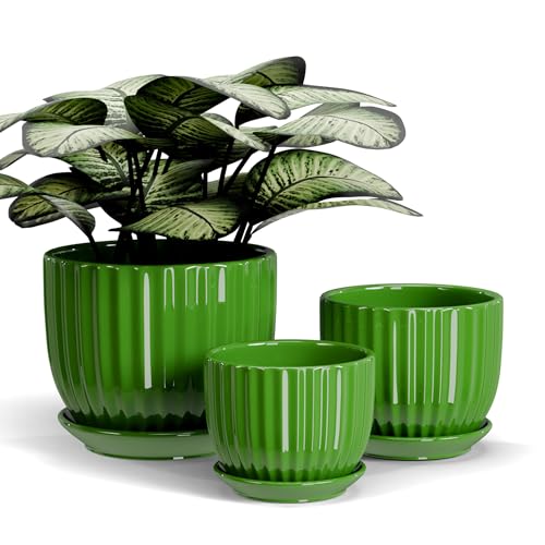 Green Plant Pots,Ceramic Planters with Drainage Holes & Saucers Set of 3 - color: Green