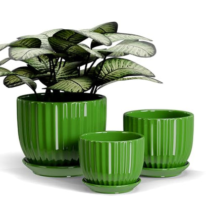 Green Plant Pots,Ceramic Planters with Drainage Holes & Saucers Set of 3 - color: Green