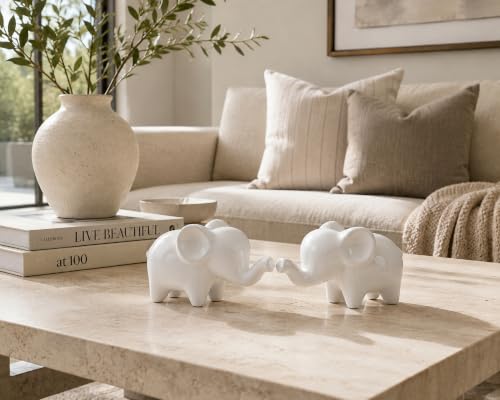 4 Inch White Ceramic Elephant Figurines Set of 2 - color: White