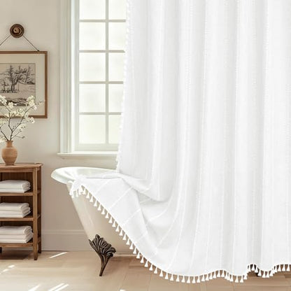 Seenus 72 x 76 inch Extra Long Boho Farmhouse Shower Curtain Heavyweight with Tassels, Soft Linen Textured Fabric Shower Curtain French Country, Elegant White Striped Bathroom Curtain Water Repellent - color: White, size: 72"W x 76"L (Pack of 1)