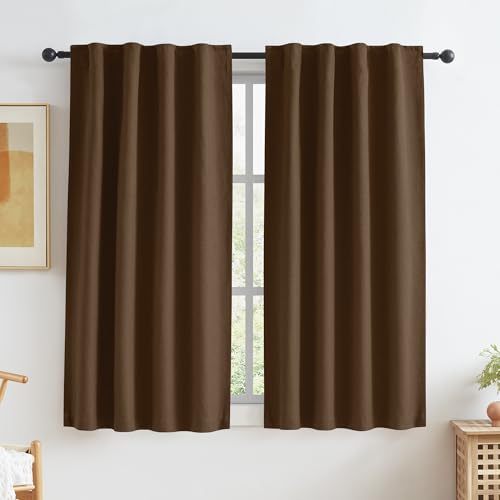 KEQIAOSUOCAI Brown Faux Linen Blackout Curtains 45 Inch Long 2 Panels Back Tab Rod Pocket Hook Belt Window Curtain Drapes for Bedroom 34W x 45L - color: Brown, size: 34"W x 45"L (Pack of 2)