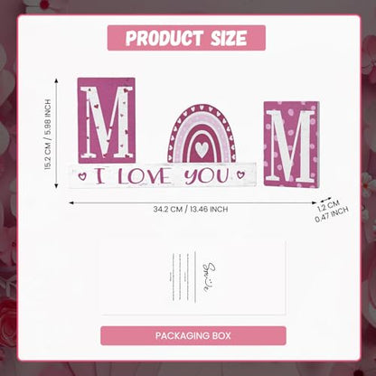 Smile 4 Pcs Wooden Decor Mother's day Indoor Decorations, Mom I Love You Heart - Shaped, Pink Table Centerpieces for Home Kitchen - style: Mom
