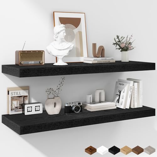 Fun Memories Floating Shelves - 2 Pack 12 Inch Rustic Wooden Wall Shelves - Extra Deeper & Thicker Wall Mounted Storage Shelf for Living Room, Kitchen, Farmhouse - 36" W x 12" D x 1.8"H - Rustic Black - color: Black, size: 36"L x 12"D