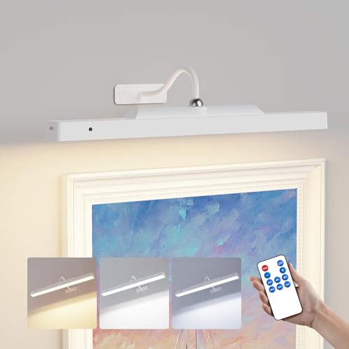Rechargeable Picture Light for Wall Art White - 3 Color Temperatures,Remote Control & Adjustable Angle Wall Mount Battery Operated Wall Light for Paintings,Gallery,Frames,Photos (13H Runtime, 350LM) - color: White, size: 1 Pack