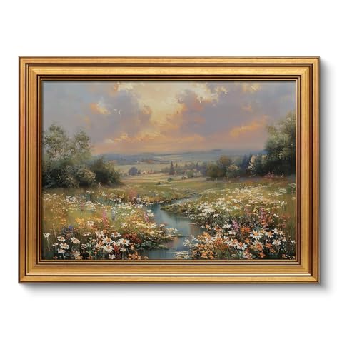 VIYYIEA Vintage Gold Framed Canvas Wall Art, Flower Field by the River Decor, Decorations Wildflower Wall Paintings, Nature Landscape Picture Artwork Aesthetic for Bedroom Office, 12x16Inch - color: Flower Field Stream, size: 16"L x 12"W