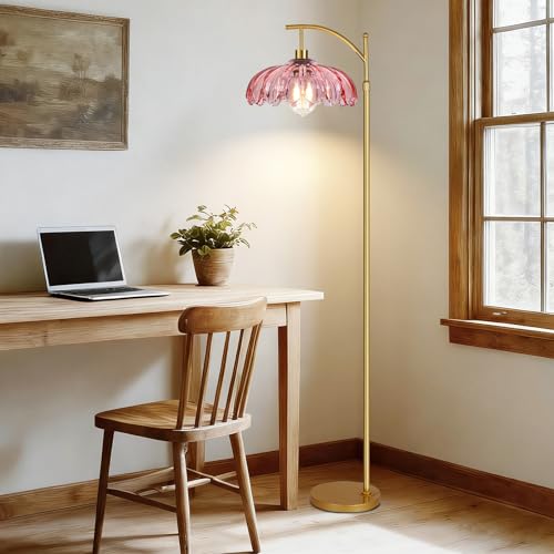 QIYIZM Pink Floor Lamp for Living Room,Bedroom,Gold Dimmable Standing Lamp with Remote,Mid Century Modern Brass Tall Lamp Boho Floor Lamps Arc Stained Glass Flower Floor Light Lamp Girls kids Bohemian - size: Floor Lamp--4