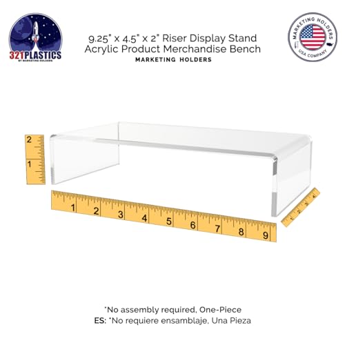 Marketing Holders 2 Pack Acrylic Riser Display Platform 9 Inch Wide by 4.5 Inch Deep Clear One Piece Lucite Retail Product Showcase Shelf Merchandising Platform Pedestal for Expos and Tradeshows - size: 9"W x 4.5"D x 2"H Riser