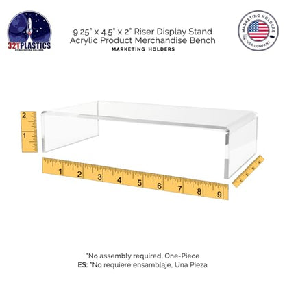 Marketing Holders 2 Pack Acrylic Riser Display Platform 9 Inch Wide by 4.5 Inch Deep Clear One Piece Lucite Retail Product Showcase Shelf Merchandising Platform Pedestal for Expos and Tradeshows - size: 9"W x 4.5"D x 2"H Riser