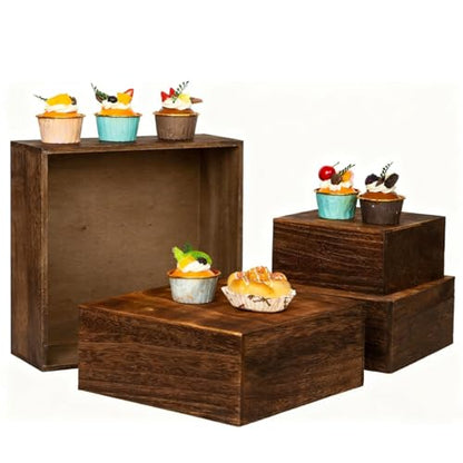 4 Pcs Dessert Table Display Risers, Cubic Rustic Cake Stands Wood