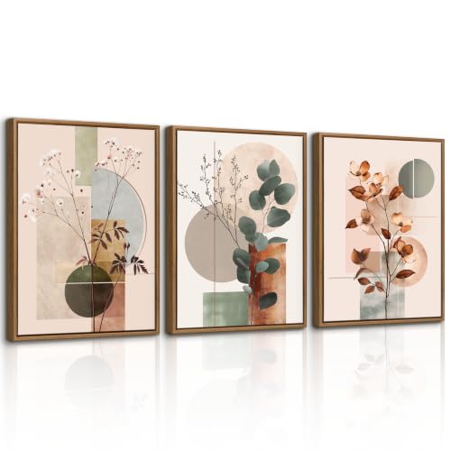 WENGTIAO Boho Neutral Abstract Botanical Framed Canvas Wall Art 12"x16"x3 | Minimalist Geometric Shapes Dried Floral Print, Earth Tone Mid Century Modern Wall Decor for Living Room Bedroom Farmhouse - color: Boho Neutral Abstract Botanical, size: 12"x16"x