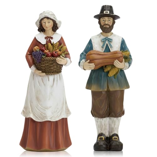 Yuntau 2 Pcs Thanksgiving Decoration Wooden Pilgrim Figurines Couple Statue - style: Wooden Pumpkins Pilgrim